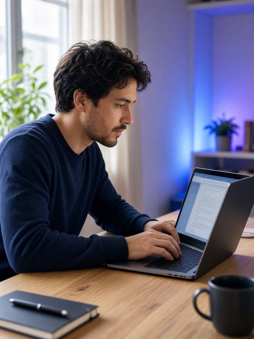 Freelancer la laptop, într-un studio luminos